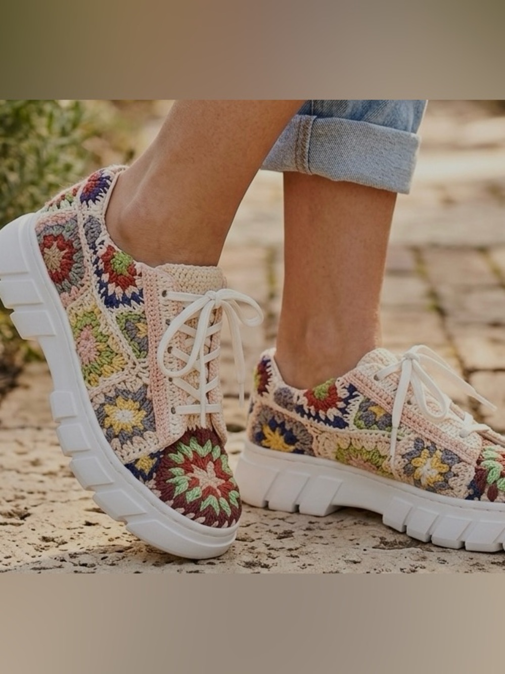 Free People Bohemian Multicolor Crochet Lace-Up Sneakers